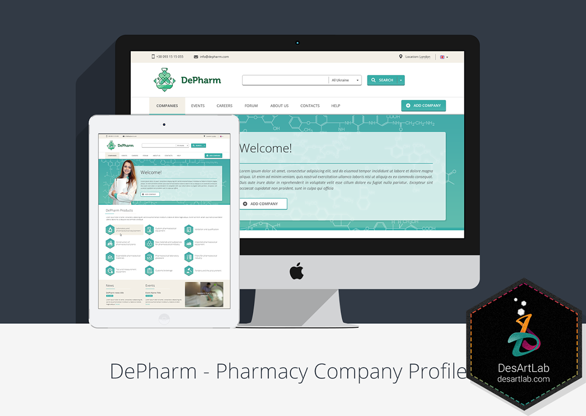 Pharma medicine Company Page database cyan green doctor Pharmceutical