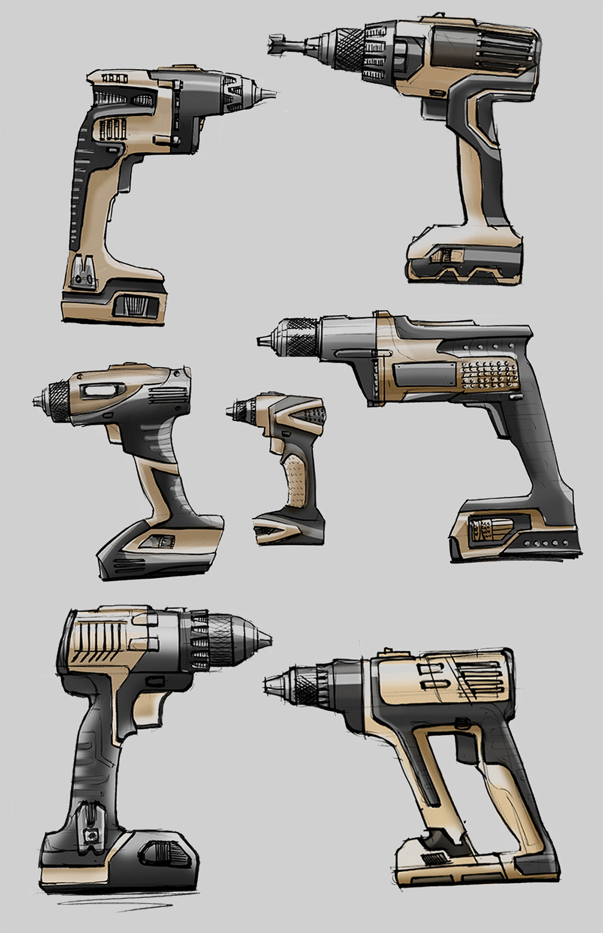drill power tool power tool cordless cad sketching rendering Marker design process Rhino blender screwgun impact driver ideation