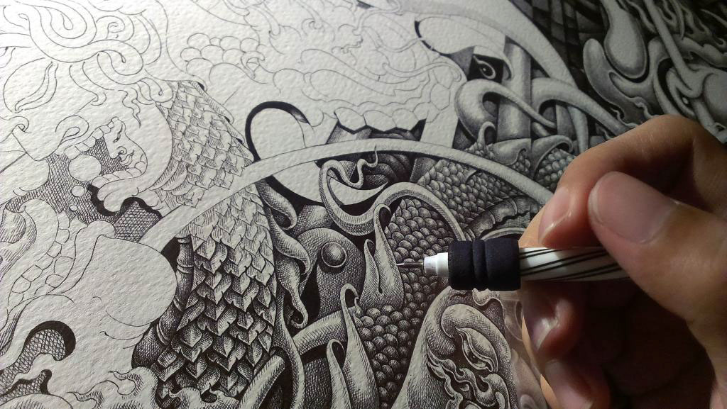 art pen drawing ballpoint pen cubism surreal spiritual Thai mind
