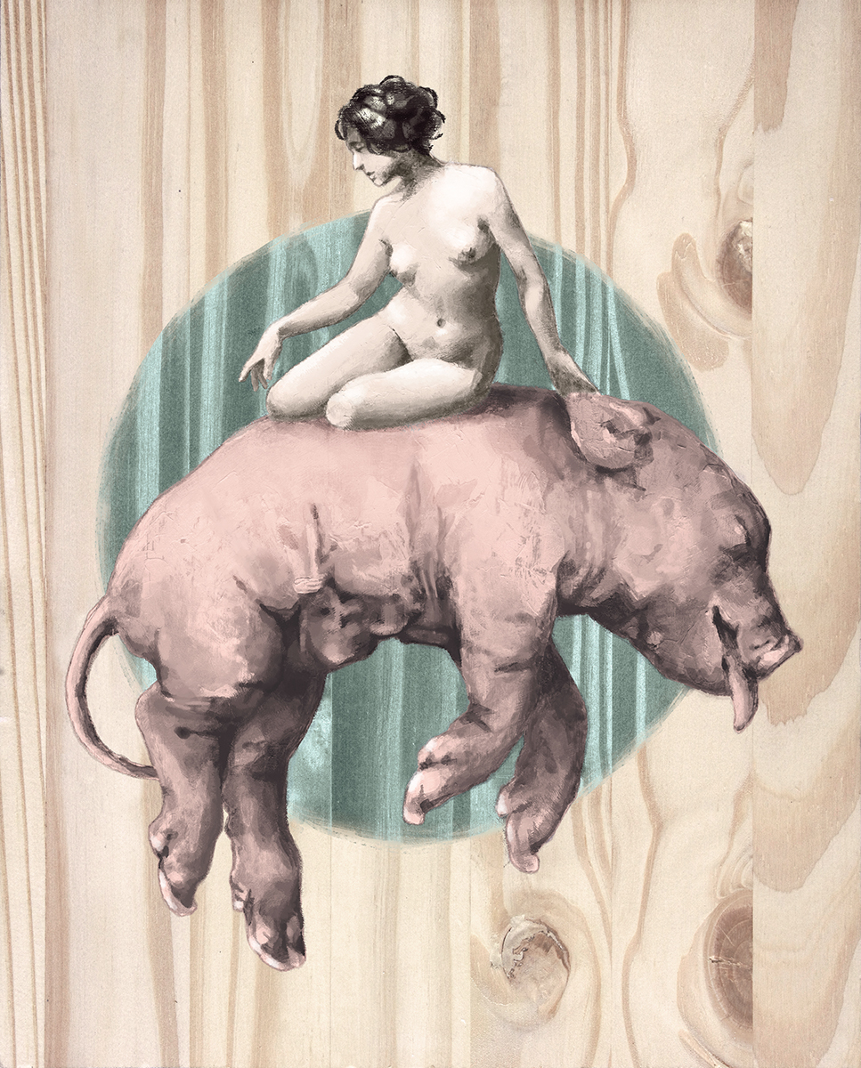 Lady pig swine pig fetus fetus conceptual trippy wood acrylic woman Leyendecker pork meat creepy gross