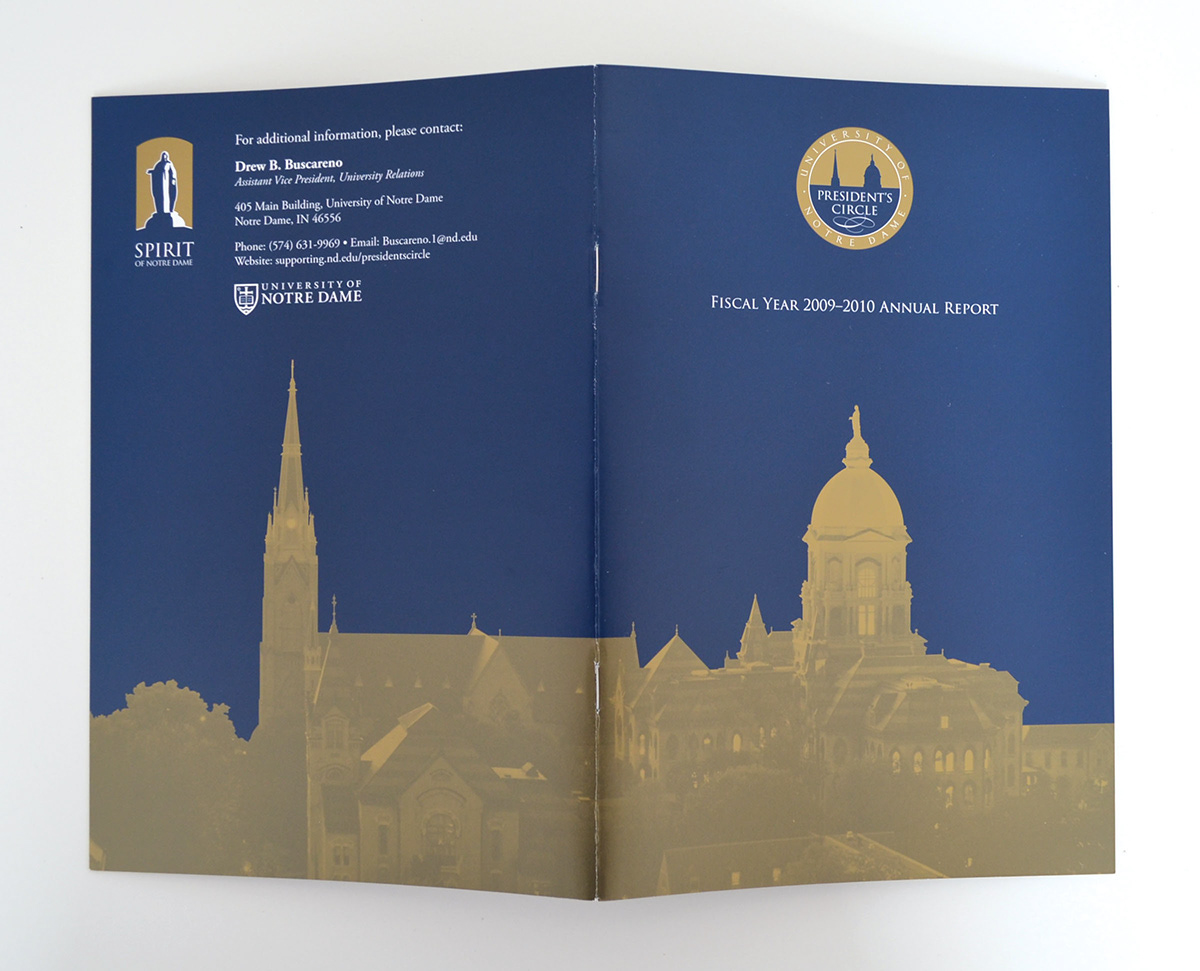 University notre dame annual report president's circle Booklet cover design golden dome blue and gold Fr. Jenkins Spirit campaign