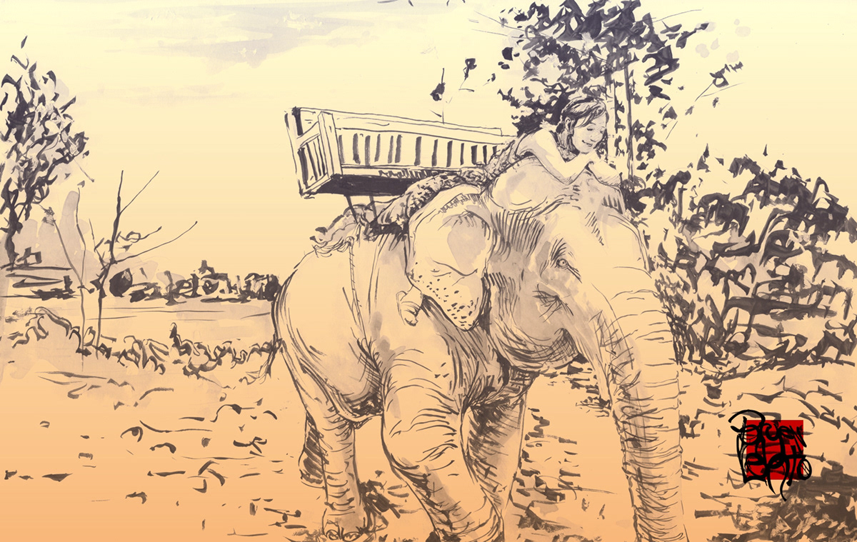 girl and elephant Bryen Lehto pen and ink