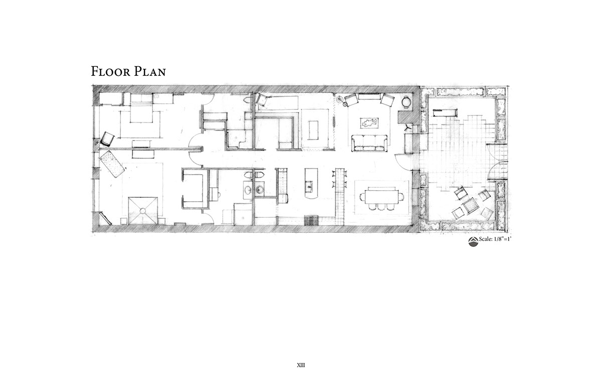 Space Planning rendering furniture layout problem solving hand drafting