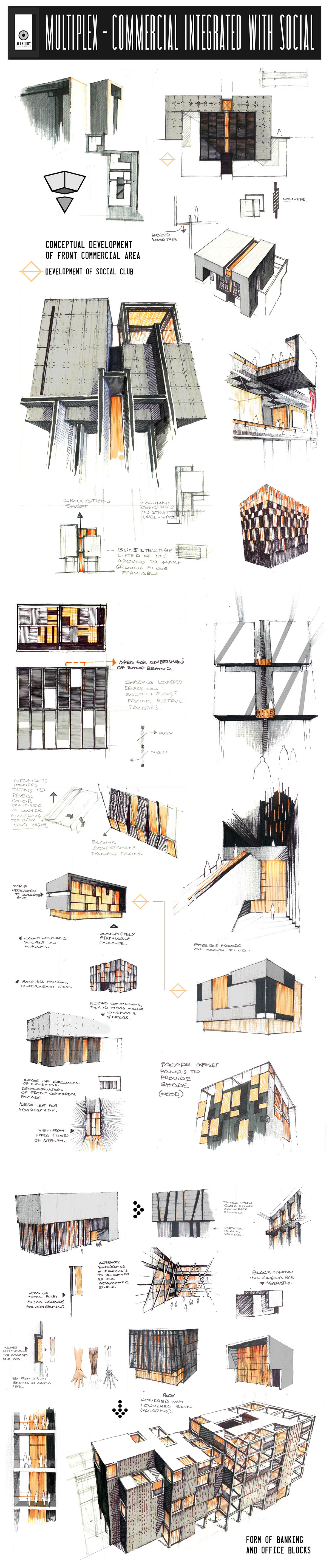 Multiplex industrial arch Proposal design illustrate commercial social concrete sketching