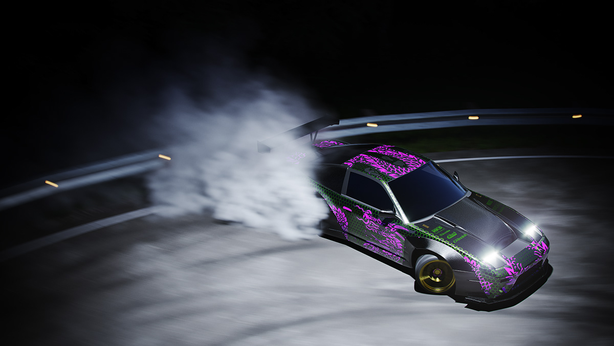 car CGI drifting Nissan Render smoke studio vfx