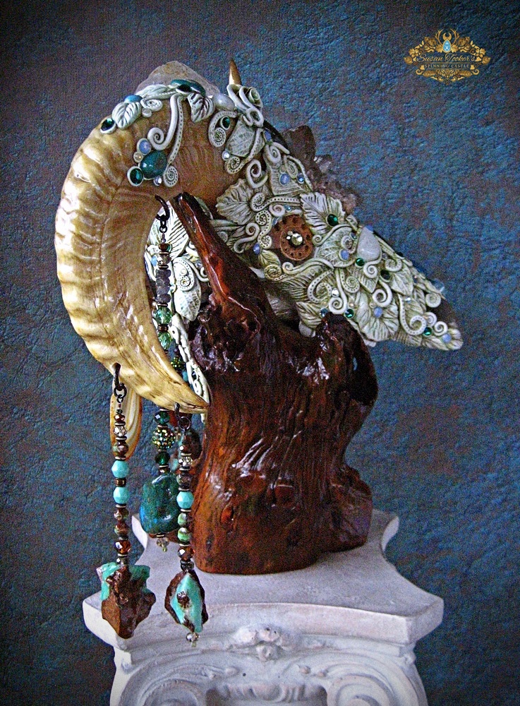 Ram skull sculpture pagan Shrine altar occult crystals Spinning Castle Susan Tooker Assemblage witchcraft ritual reliquary memento mori magick art