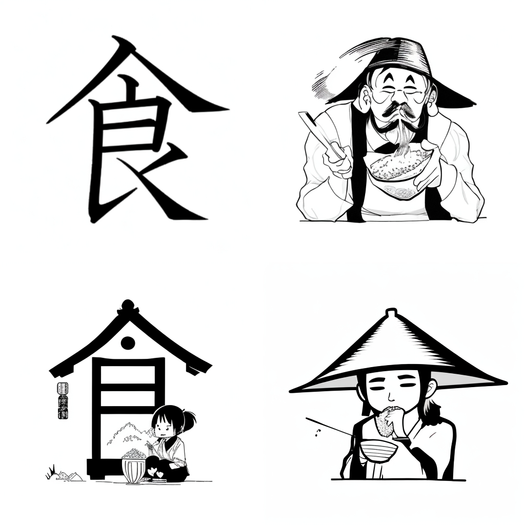 Various graphic interpretations of the Japanese Kanji symbol for eating.