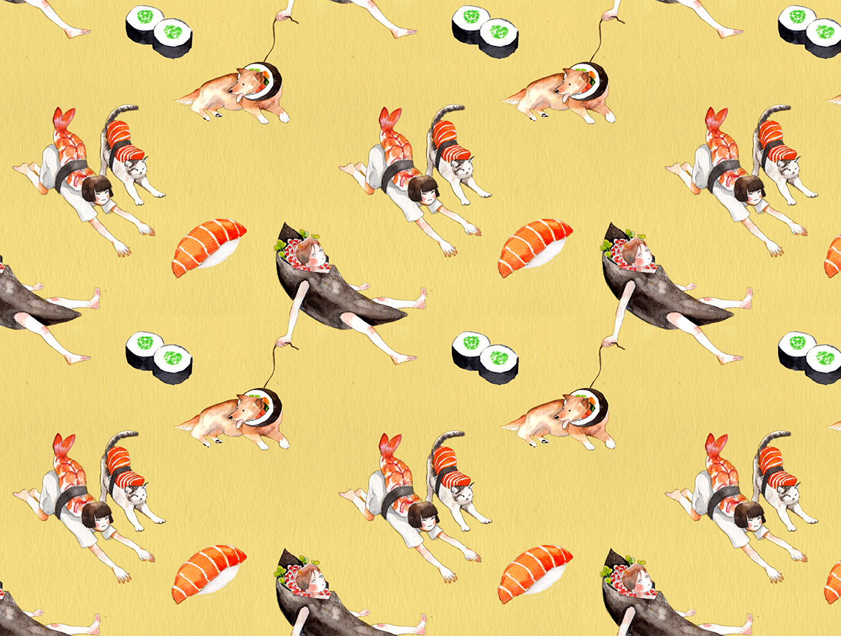 pattern Sushi Cat dog girl Stretching Yoga watercolor Watercolor pattern Inari Food 