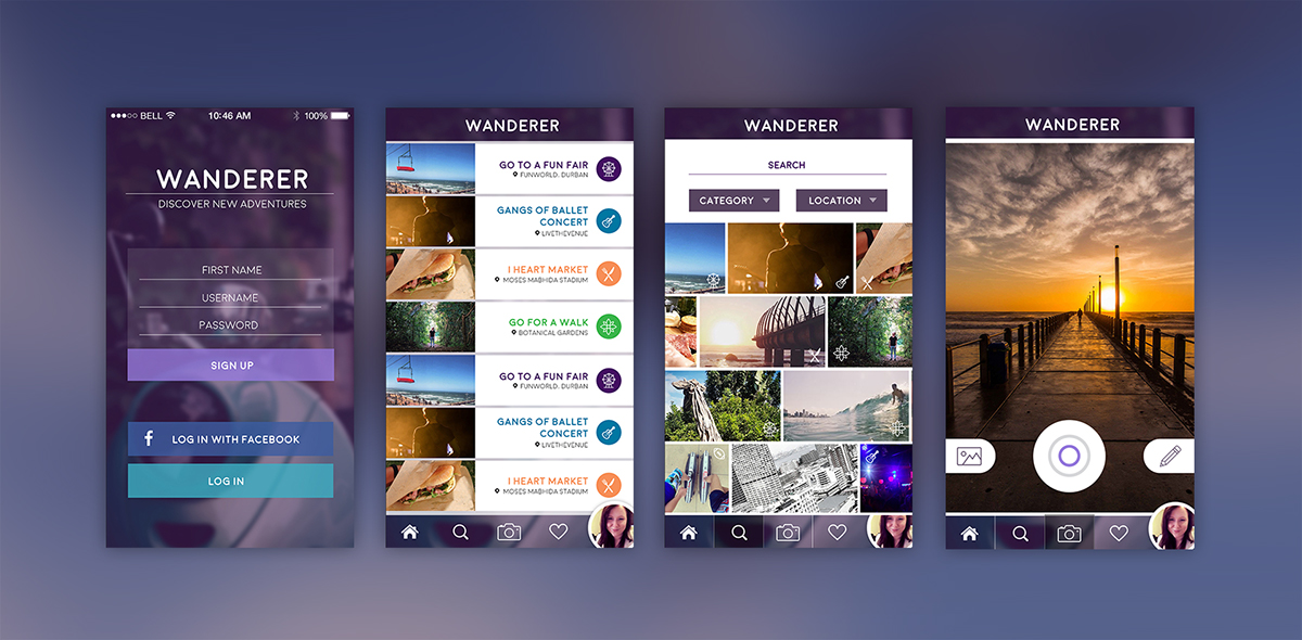 Wanderer adventure Events events app Travel Travel App travel ui events ui instagram image feed ui list ui iOS App iOS UI purple ui Camera ui