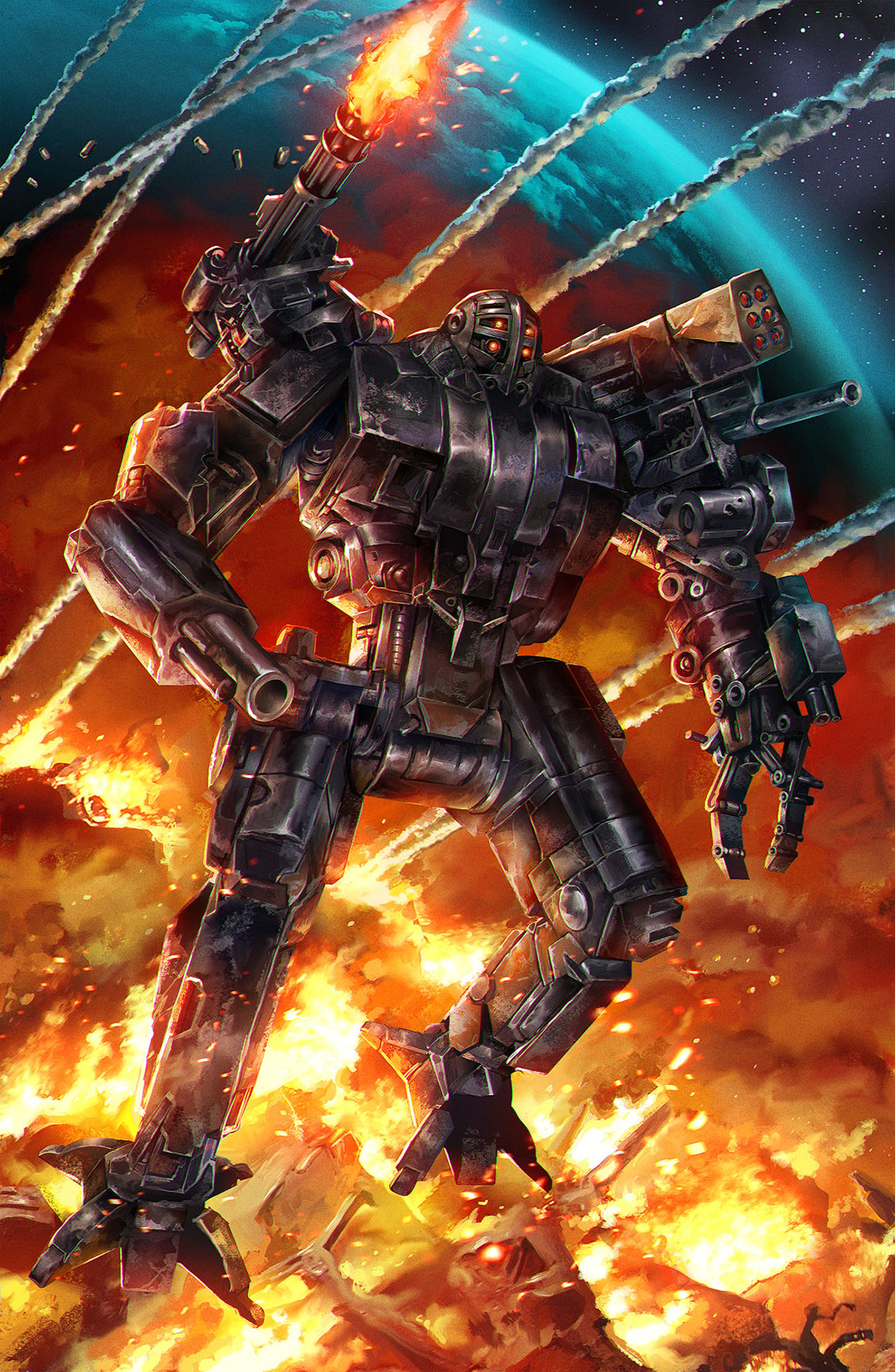 robot mecha War SF future war Cover Art Flames burn future