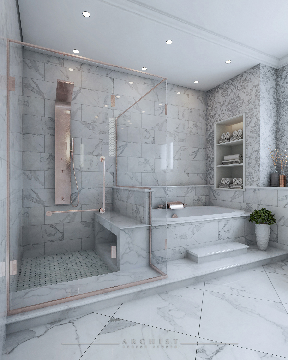 archist toilet luxury brand elegant bathroom White Marble grey wallpaper