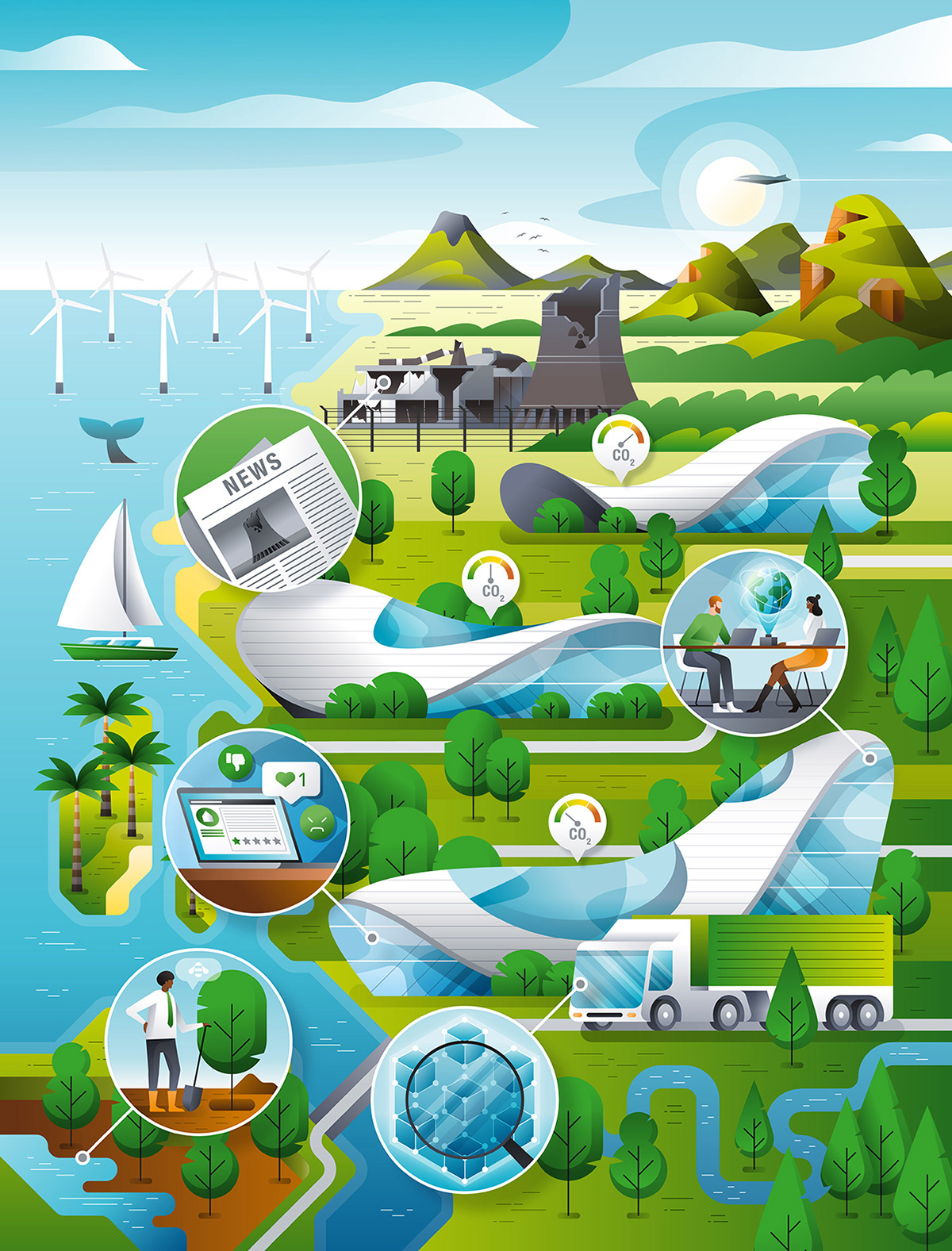 Map illustration of a futuristic sustainable scenario with modern architecture and vegetation.