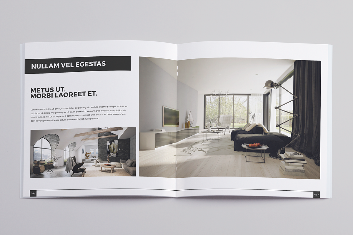 black Booklet Catalogue clean CMYK company corporate creative customizable design elegant horizontal Interior minimalistic modern