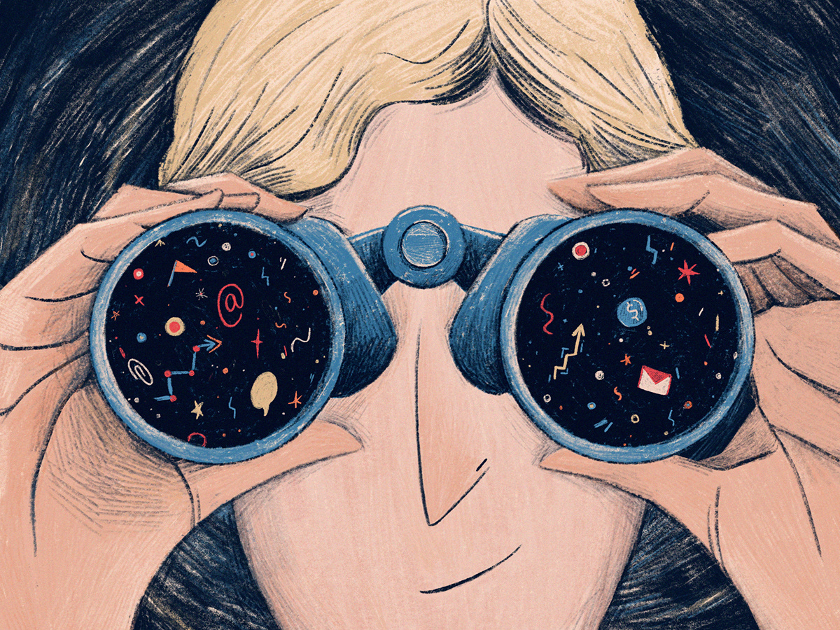 editorial ILLUSTRATION  binoculars Project Management Website time travel colored pencils stars SKY icons