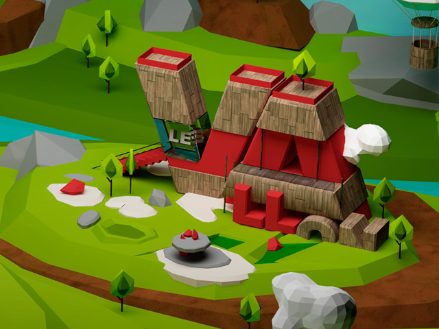 green 3D lowpoly trees hills and valley balloon type wood