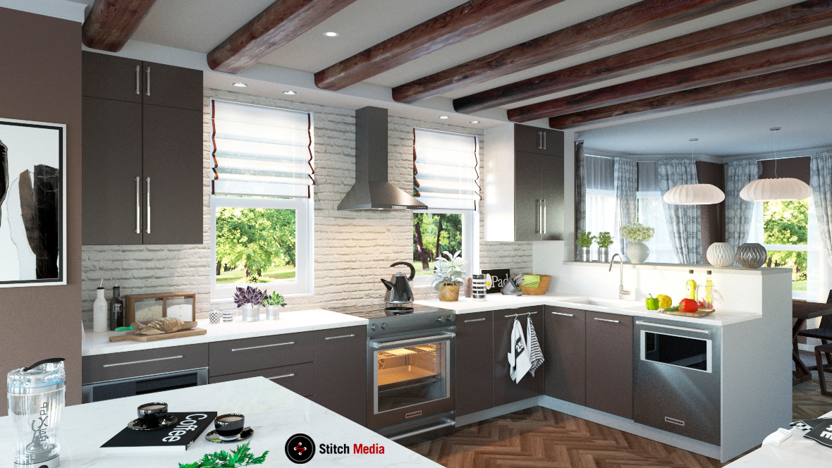 3D visualization Interior design traditional tv show Home To Win Stitch media kitchen