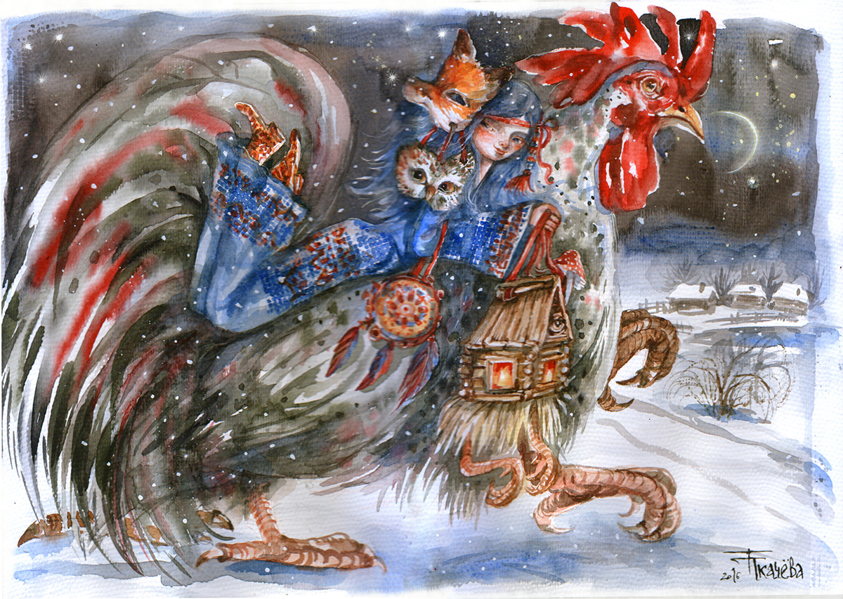 New Year's holidays fairy tales Christmas winter Carols Magic   mouse Baba Yaga Illustration.