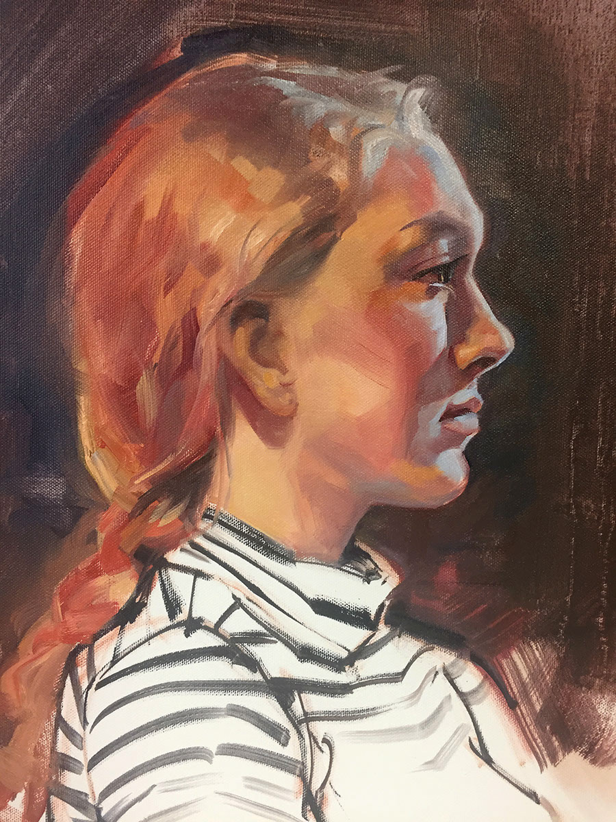 alla prima portrait stripes blonde woman 3 hour  Oil Painting wet on wet head study profile