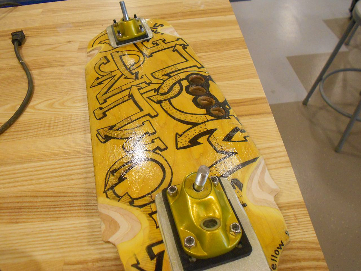 skateboard MINI LONGBOARD trucks wheels bushings black and yellow aluminum wood carve yellow sardine