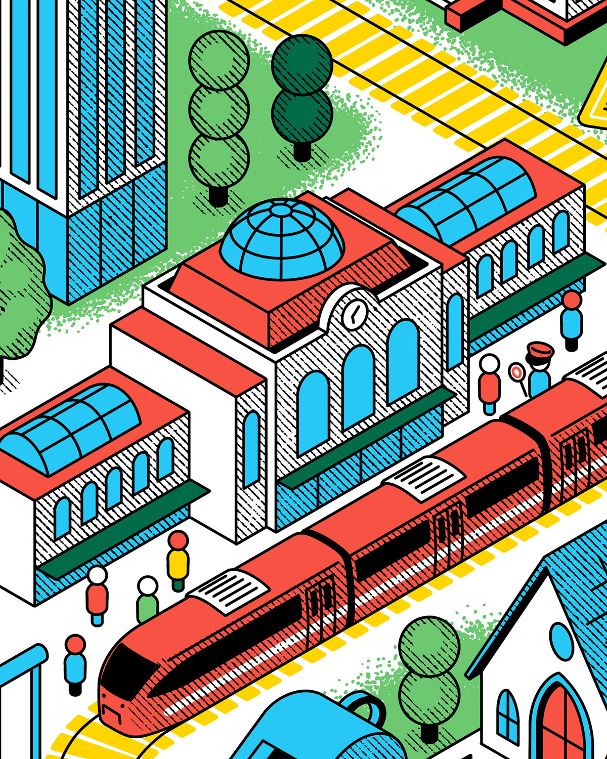 architecture buildings city Isometric railway STATION train