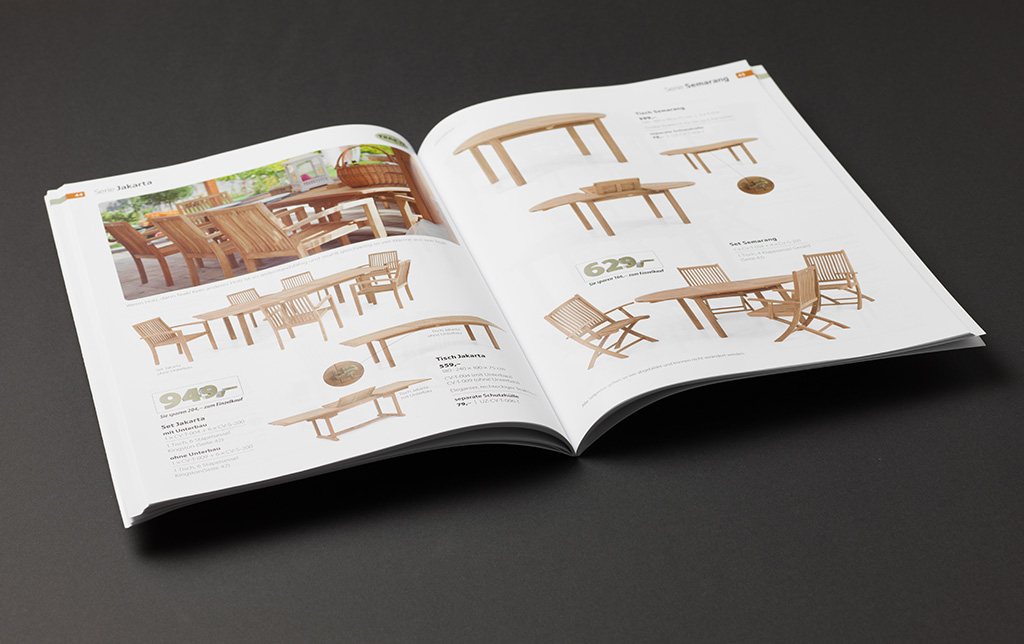 Catalogue furniture brochure Marketing material teak wood chair table garden summer relax party 3D Type