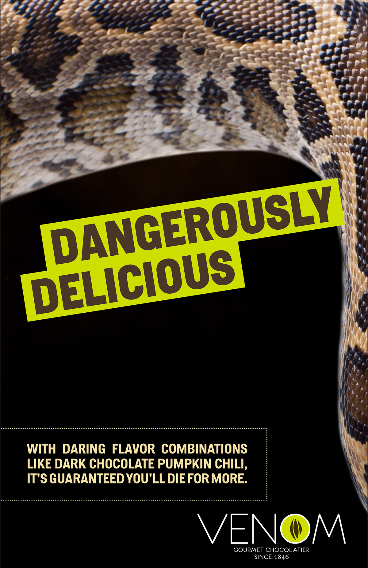 chocolate snakes snake jungle venom fair trade company godiva Lindt green poster subway ad