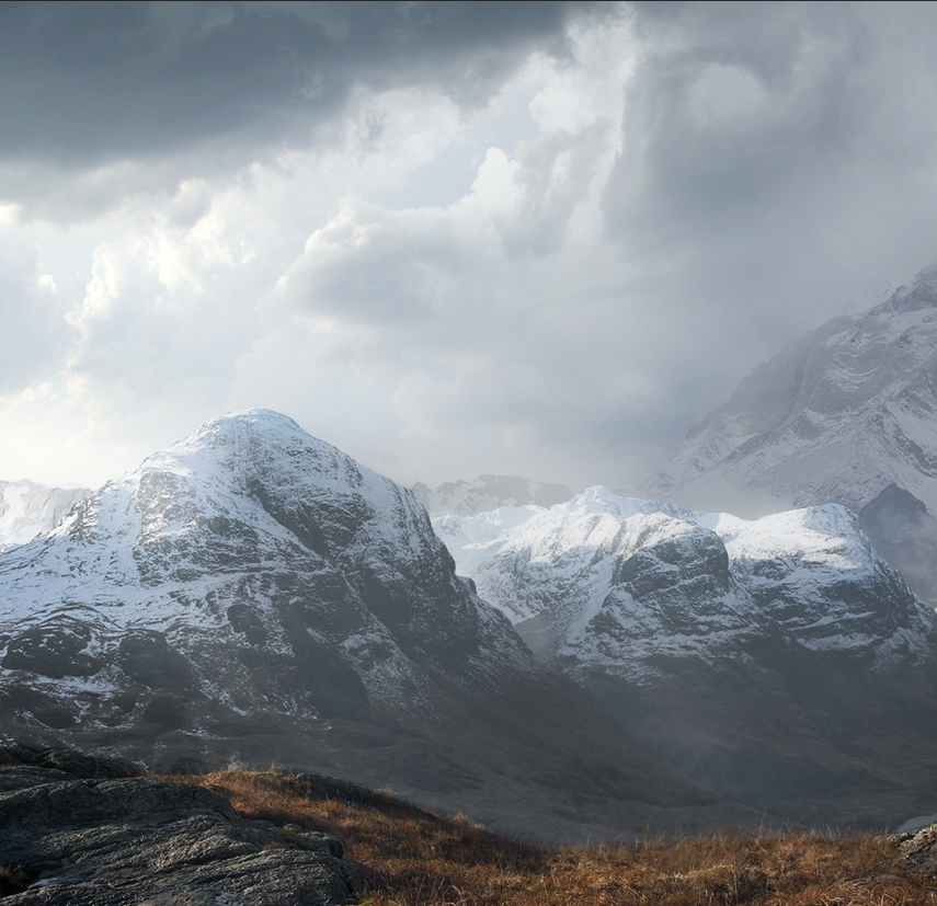Matte Painting photoshop mountain mountain pass snow hobbit Skyrim Landscape Sun beam SKY clouds storm dark
