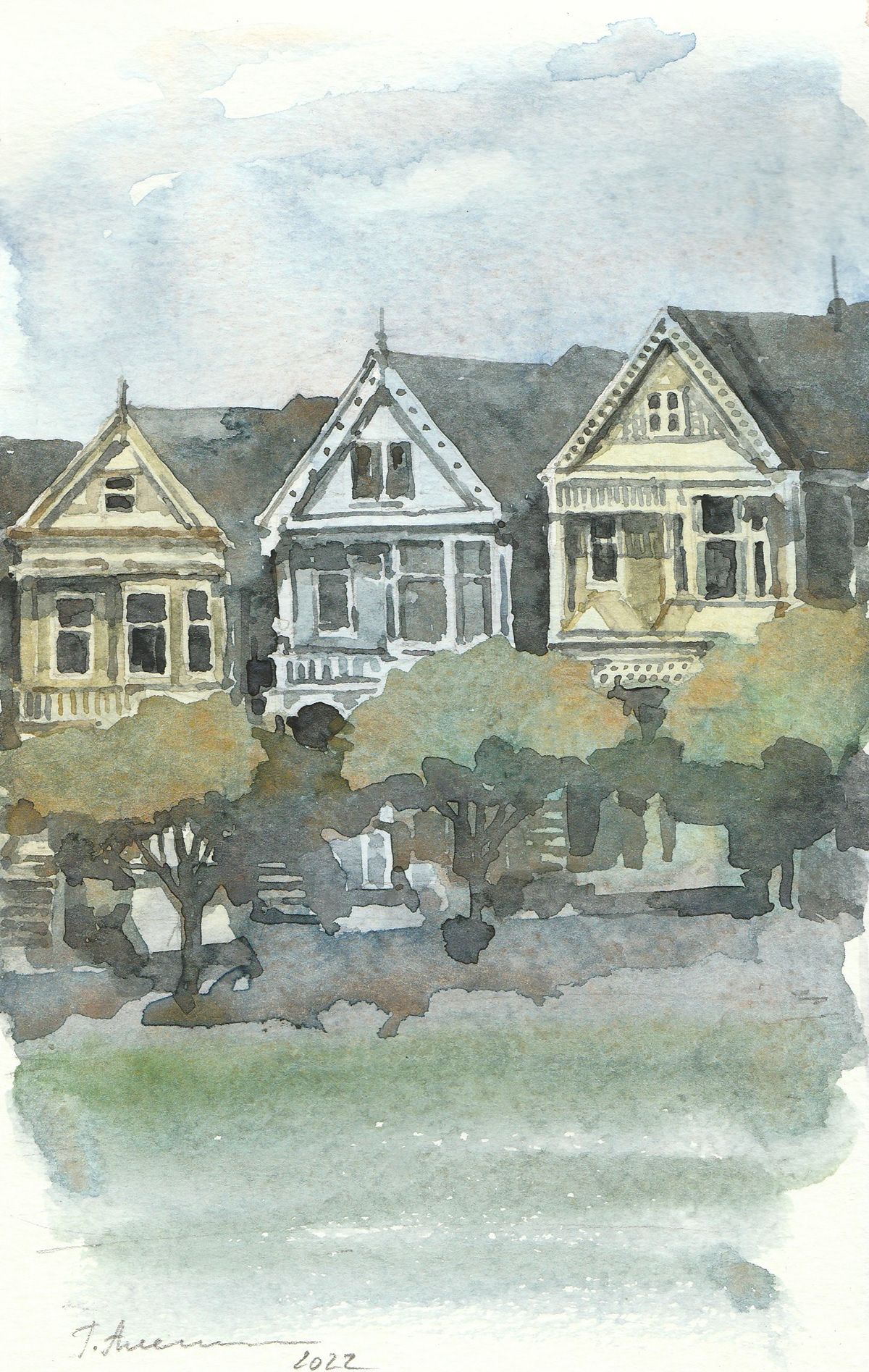 Painted Ladies. Victorian and Edwardian houses, San Francisco, America. Watercolor painting.