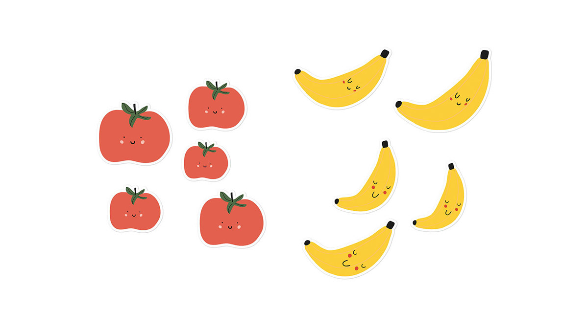 tomatos, bananas icons for children activity books by Tatiana Vovchek
