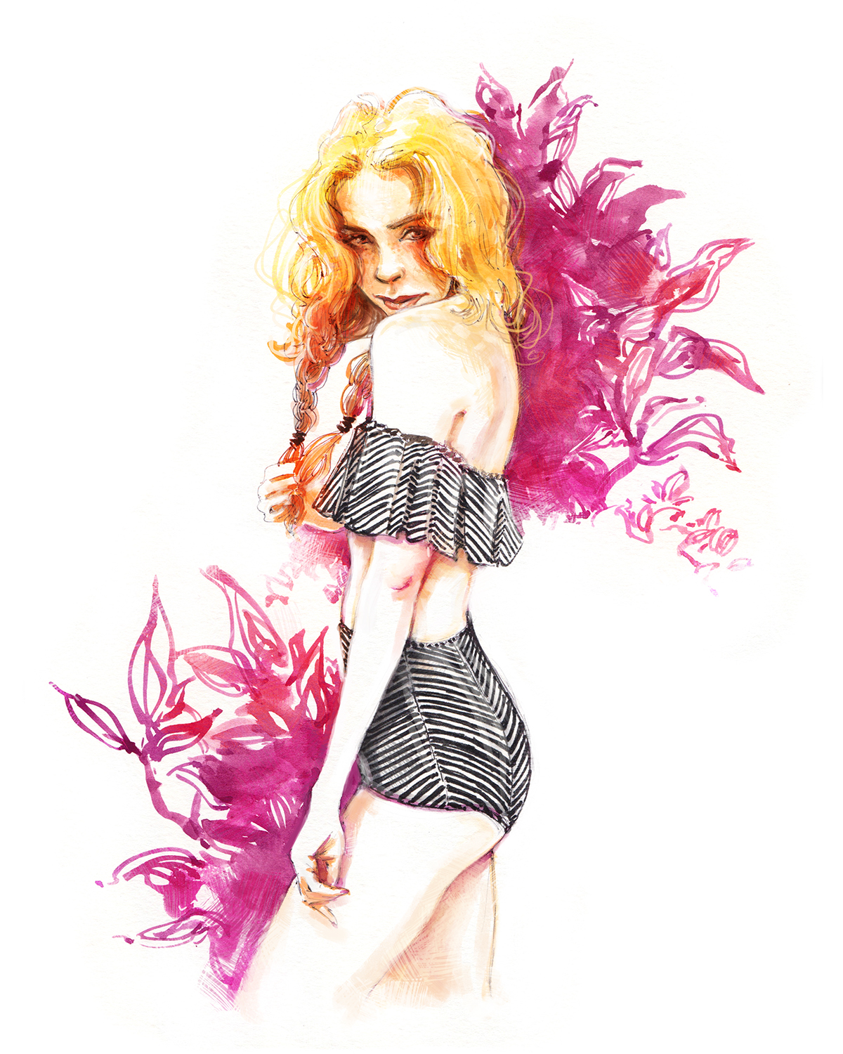 self-ptomotion watercolor ink fashion illustration ILLUSTRATION  painting   portrait beauty model art
