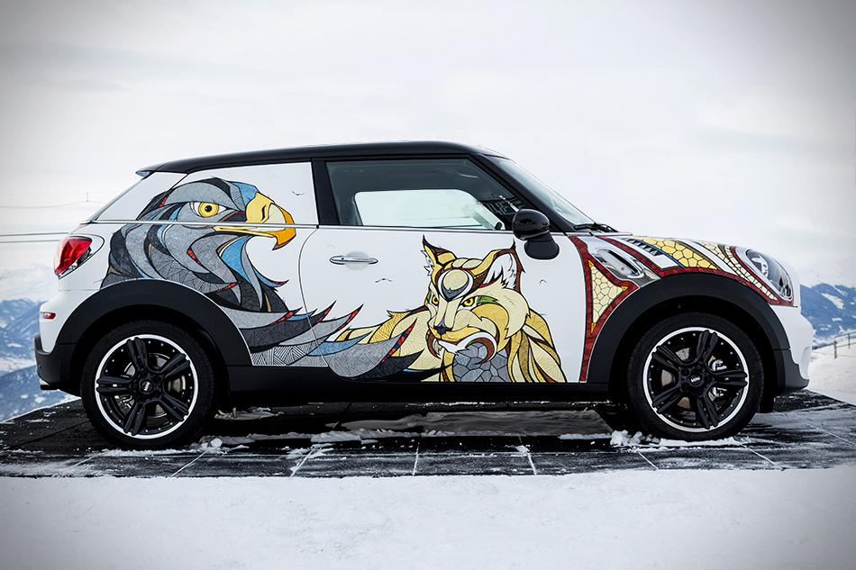 Adobe Portfolio MINI paceman   livepainting animals lynx eagle owl wolves ibex burton Burton European Open car snow mountains Laax