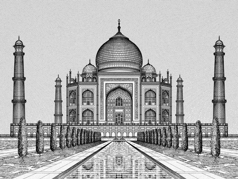 Taj Mahal India palace woodblock carving engraving crosshatch linework