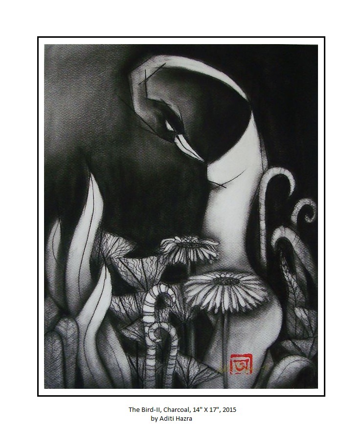 Nature nurture woman black and white charcoal animals birds fruits