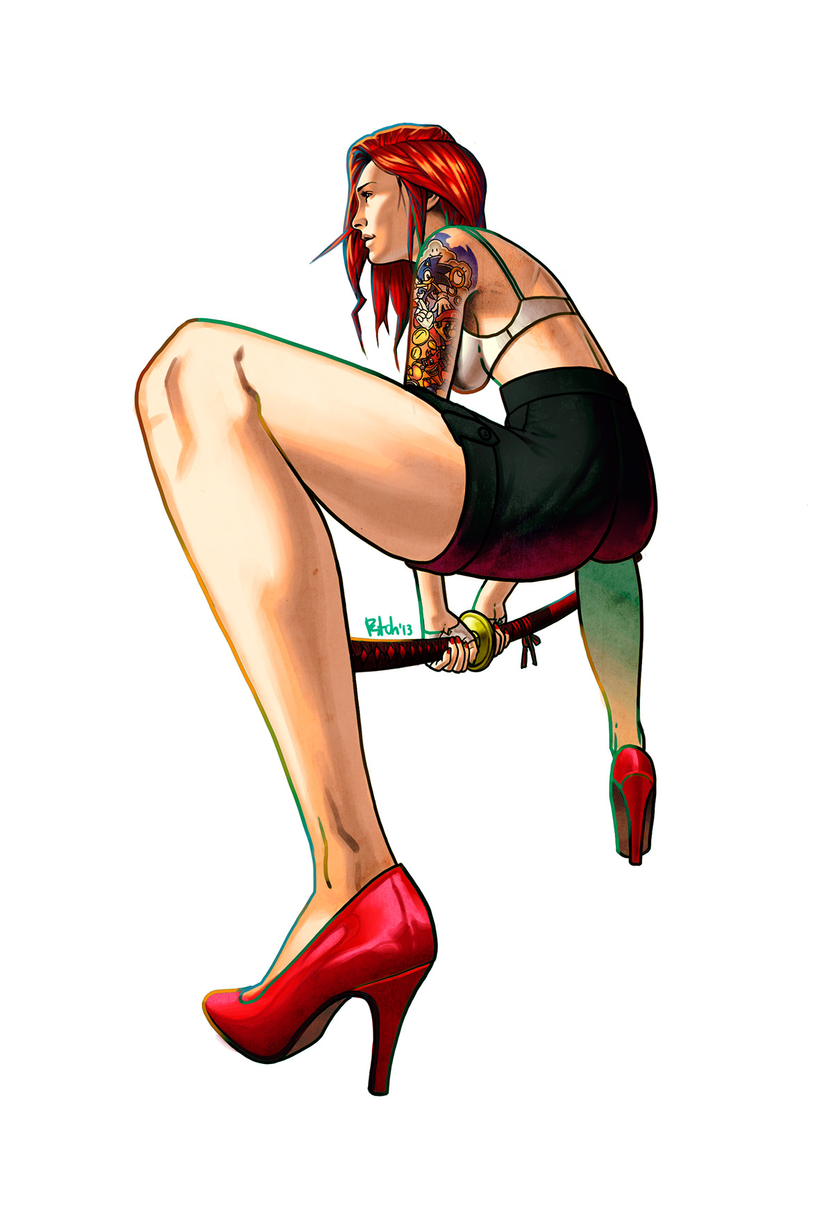 samurai woman katana ronin redhead temple temper girl tattoo sonic mario crash bandicoot