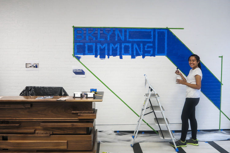 BKLYN COMMONS typography   Mural Painting Lettering Design Mural blue paint Benjamin Moore industrial space