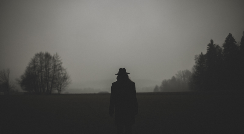 man cold winter dark darkness Melancholy fine art portrait Silhouette grain Landscape fog hat