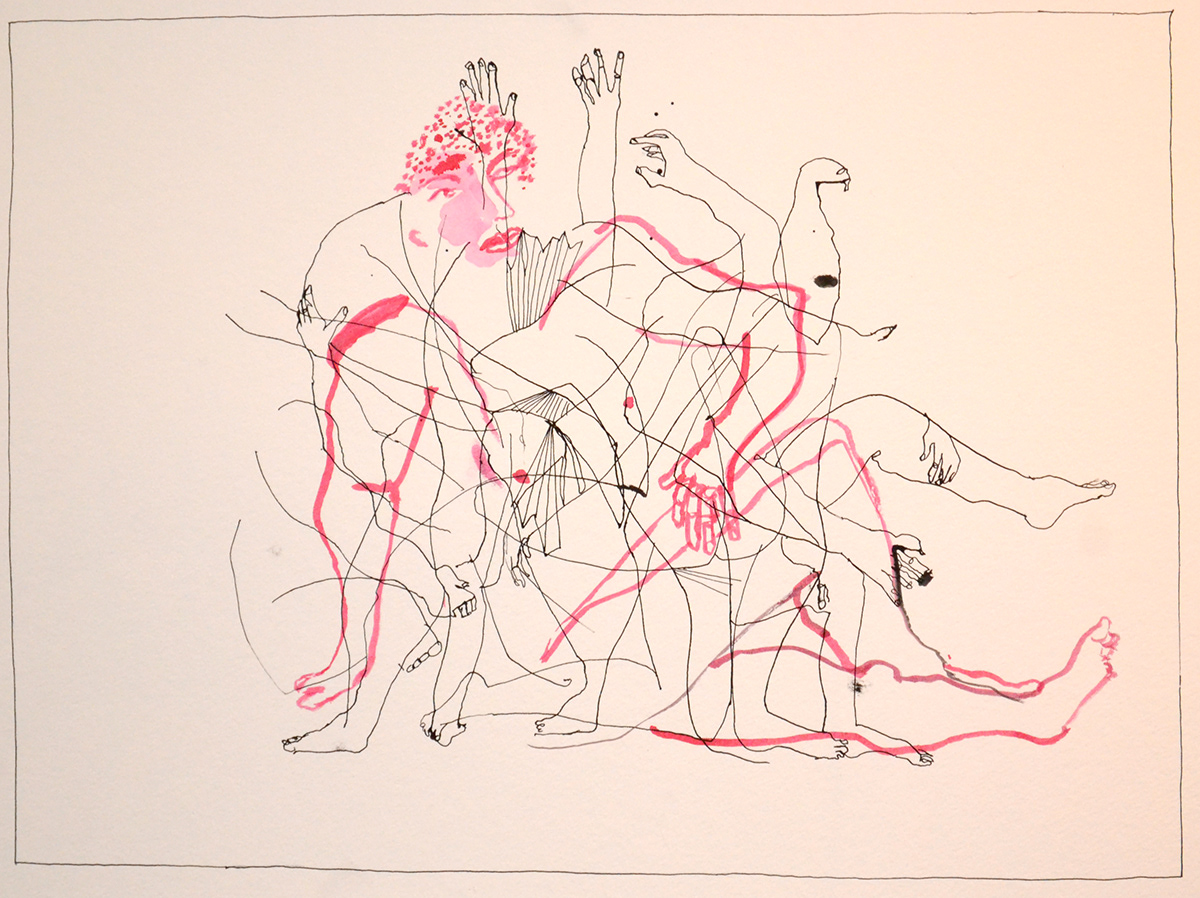 Figure Drawing  Amanda Reilly ink pen colorful energetic spatial study  MODEL drawing class