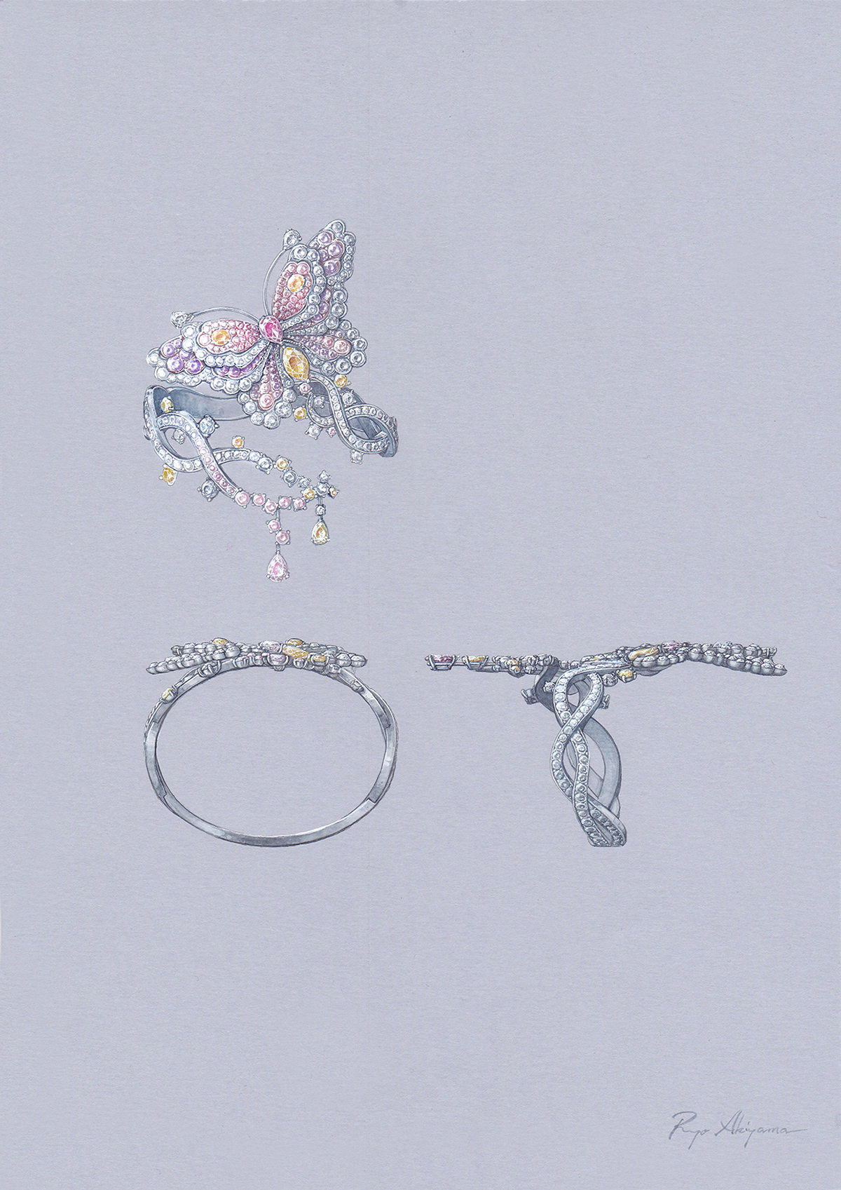 Joaillerie butterfly bracelet ring Necklace jewelry gouache watercolor Papillon