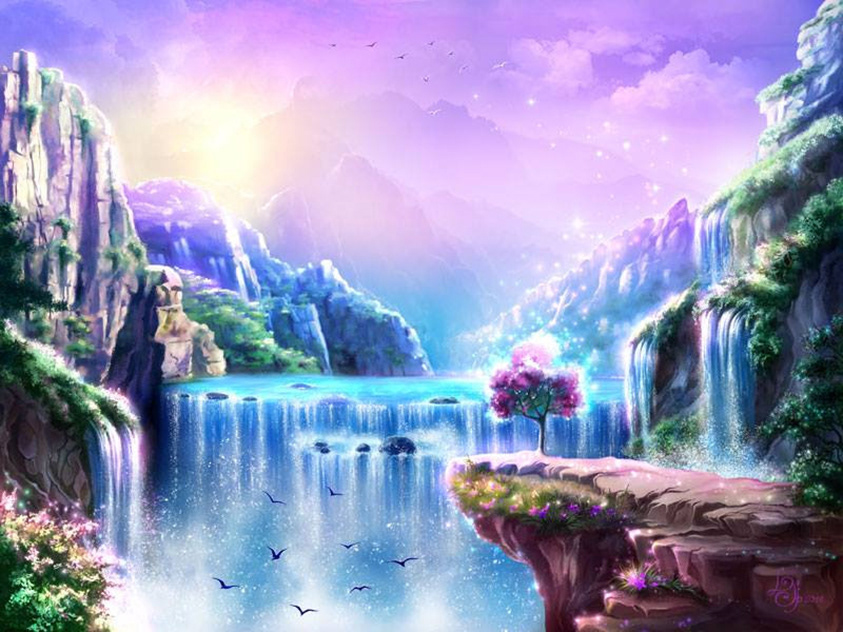 fairy Landscape waterfall fantastic dream ILLUSTRATION  Flowers cartoon Sunrise Magic  