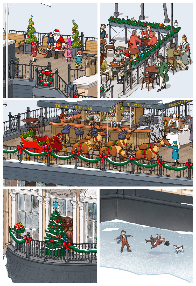 cutaway crosssection Interior Tavern bar pub greenwich London detailed infographic