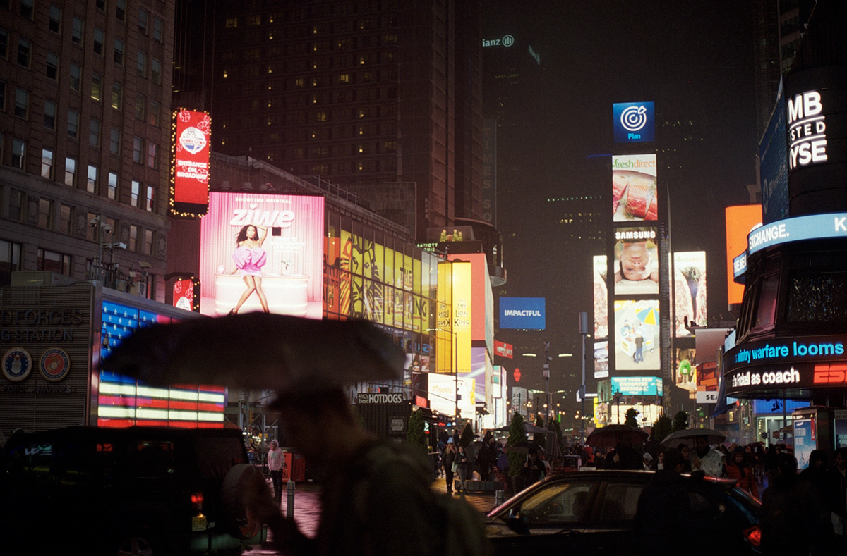 times square midtown night photography 35mm film cinestill film photography kodak neon led lights Manhattan