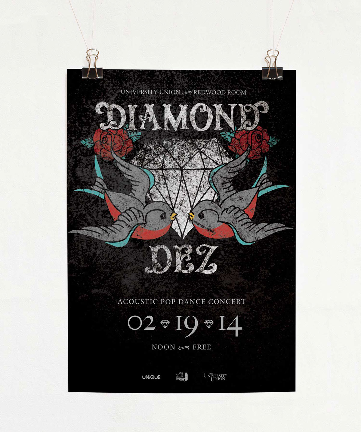 Diamond Dez diamond  tattoo poster rock band gig poster sac state university union hand drawn typography