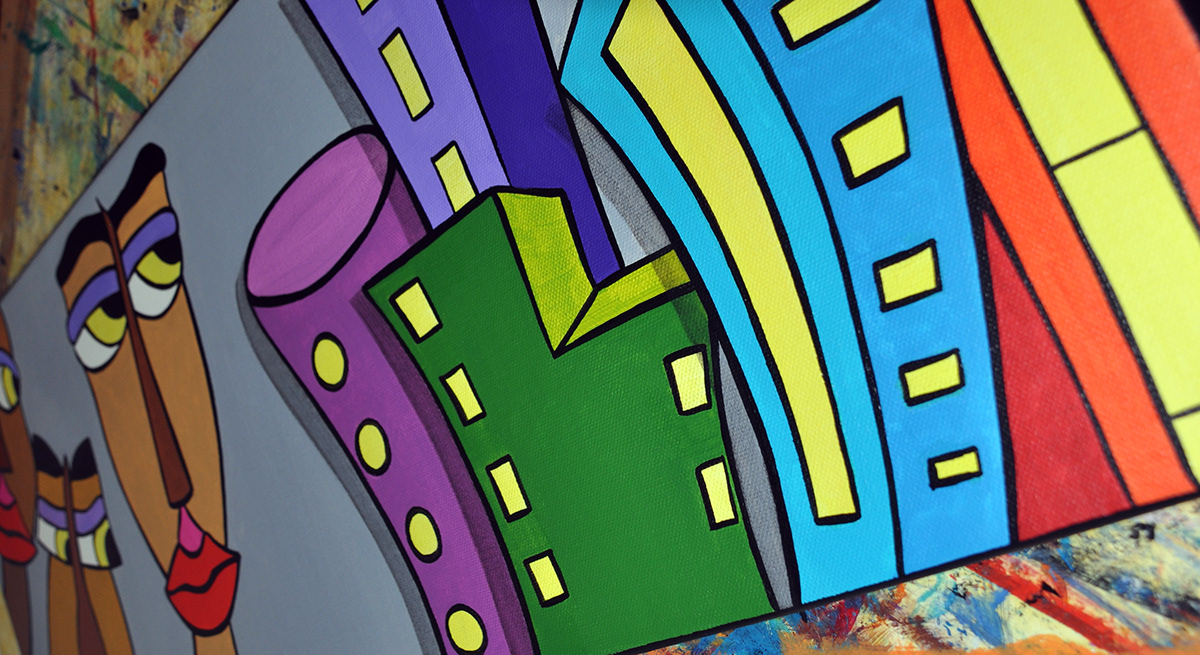 Original acrylic canvas faces city boys Colourful  buildings cityscape