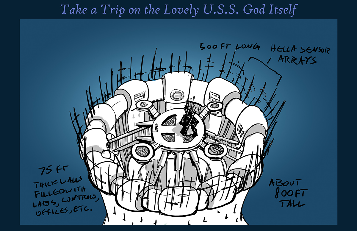 H.S.S. God Itself Level Design cruise ship Aircraft Carrier nuclear reactor Whale jellyfish monster ink tattoo Squid