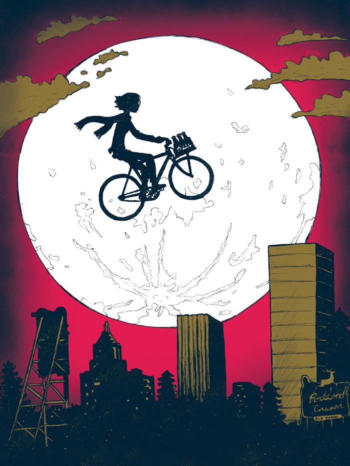 Portland pdx girl Bike Bicycle beer moon night cityscape Flying Retro