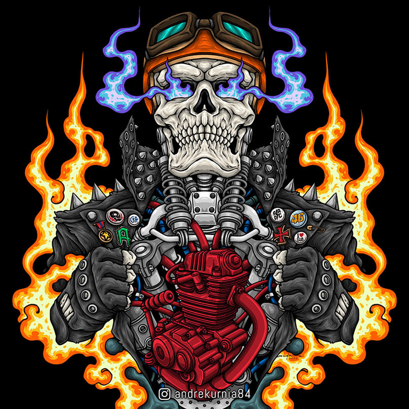 art biker Drawing  flame ILLUSTRATION  Motorcycle engine punk skull T-Shirt Artwork