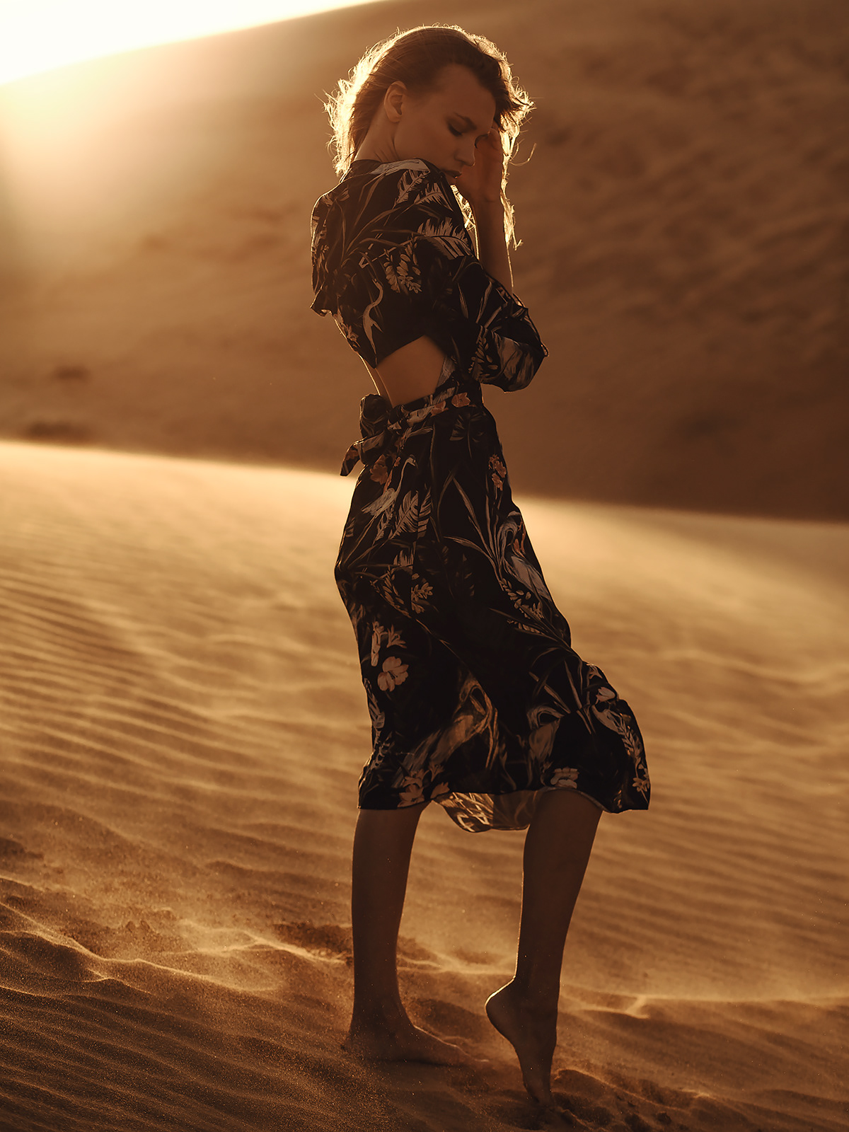 Fashion  Lookbook brand model windy sand dunes dress portrait editorial