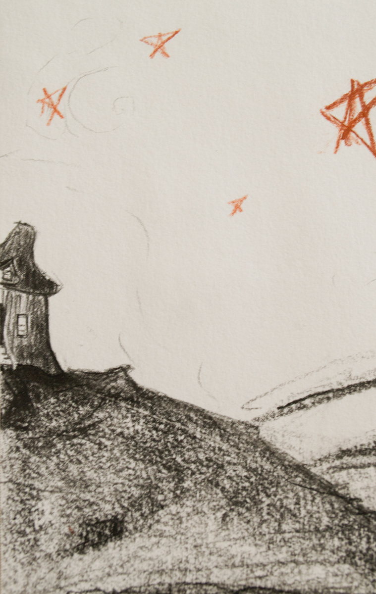 hill Landscape stars Ocean charcoal conte crayon house mountain orange black and white gray