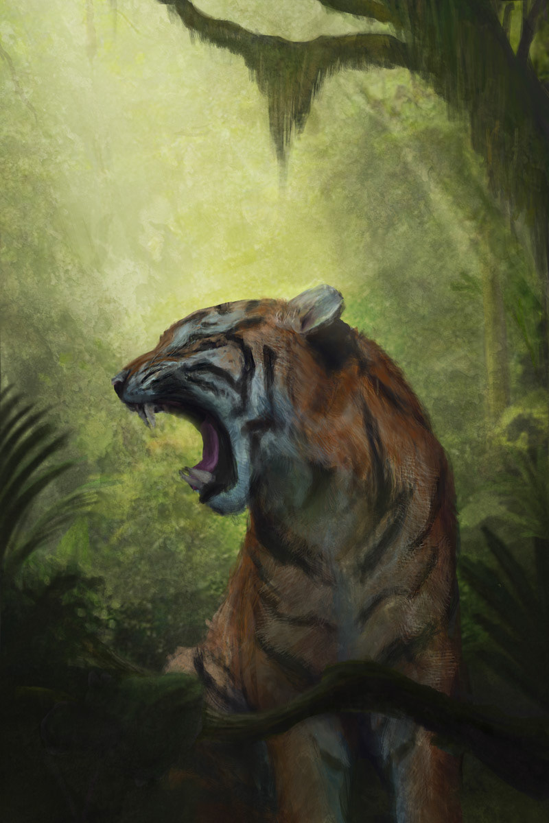 tiger jungle environment roar digital painting foliage
