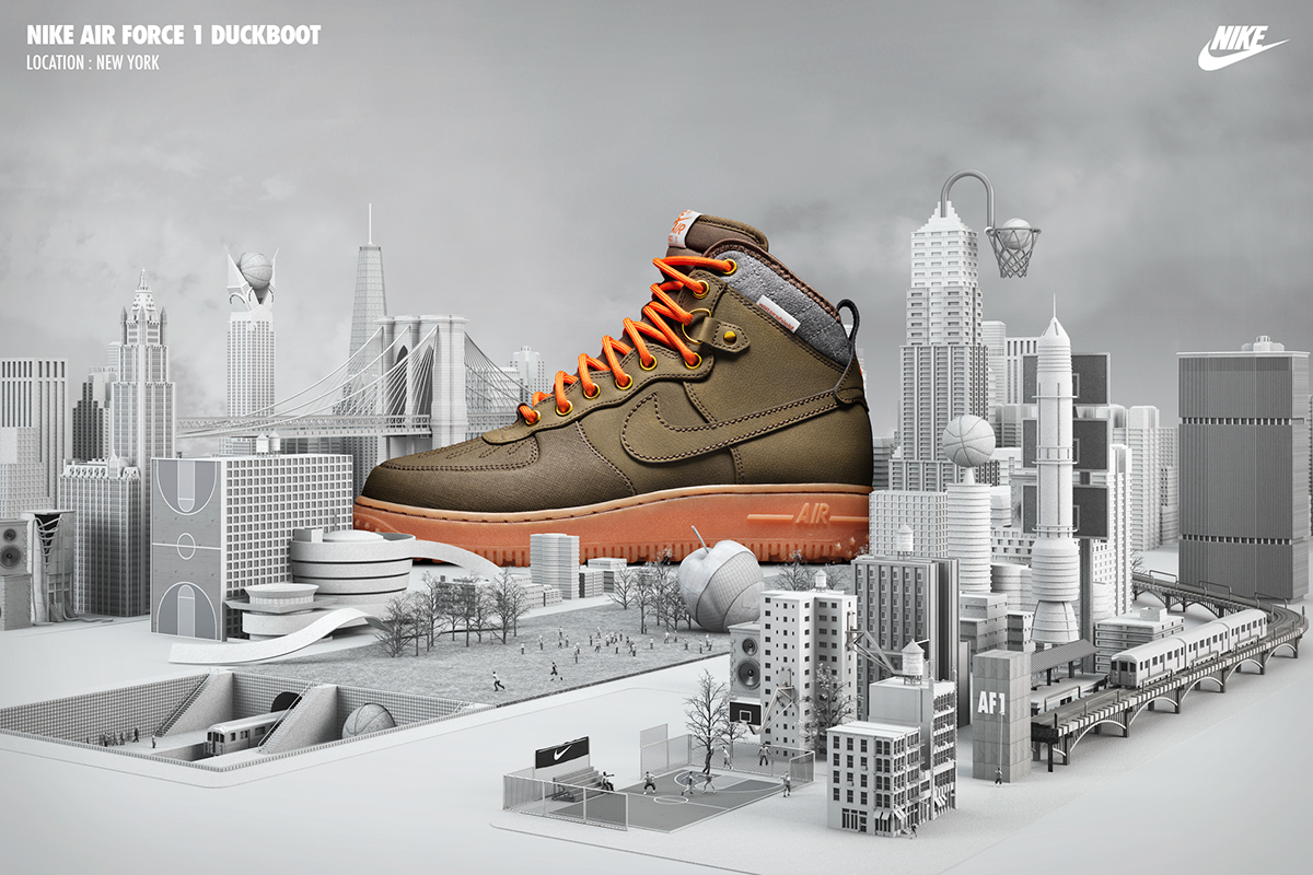 3D Set Design nike sneakerboots design cityscapes London tokyo Paris shanghai newyork buildings